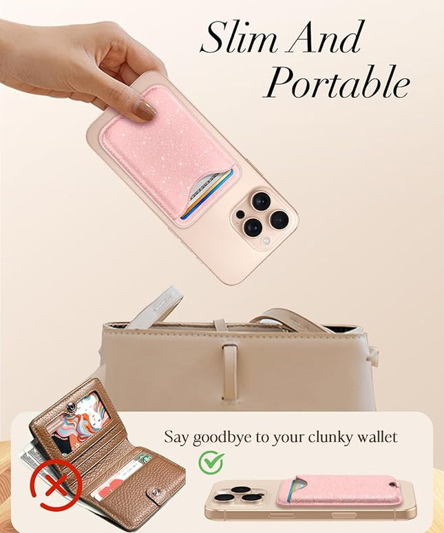 Shorogyt Phone Wallets Compatible with Magsafe Wallet Glitter - Magnetic Card Holder Light Pk for Women Teen Girls for iPhone 17/16/15/14/13/12 Series Slim for Apple Mag RFID Magnet, Fit 3 Cards