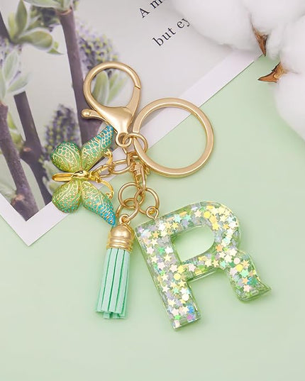 Fashion Alphabet Initial Letter Keychain Tassel Butterfly Pendant Key Ring for Purse Handbags Women Girl