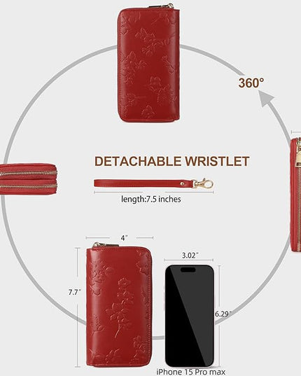 yiijay Womens Wallet RFID Blocking Large Capacity Leather Double Zip Wristlet Wallet Credit Card Phone Holder Ladies Clutch Purse Flora