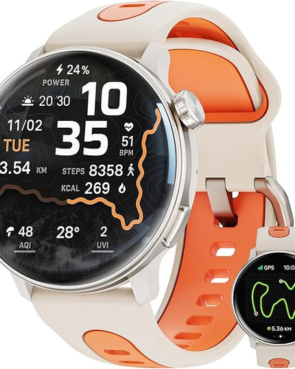 Smart Watch GPS, 1.43" AMOLED Screen Smart Watch for Men/Women Fitness Tracker, Military Smartwatches Compass，Compatible with Android & iOS (Bluetooth Call Answer/Dial), Multiple Sports Modes(Orange）