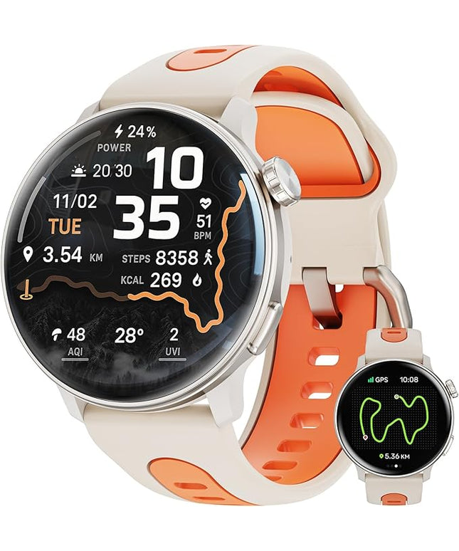 Smart Watch GPS, 1.43" AMOLED Screen Smart Watch for Men/Women Fitness Tracker, Military Smartwatches Compass，Compatible with Android & iOS (Bluetooth Call Answer/Dial), Multiple Sports Modes(Orange）