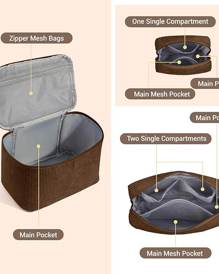 MAGEFY Small Makeup Bag for Purse Mini Cosmetics Bag Corduroy Cute Cosmetic Pouch for Women with Slip-in Pockets