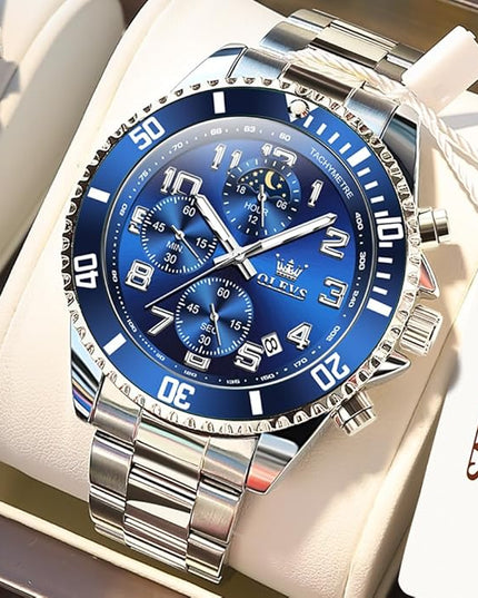 OLEVS Mens Watches Chronograph Watch Luxury Dress Stainless Steel Waterproof Watches for Men Moon Phase Luminous Business Calendar Wrist Watch Blue/Black/Green/Gold/Face