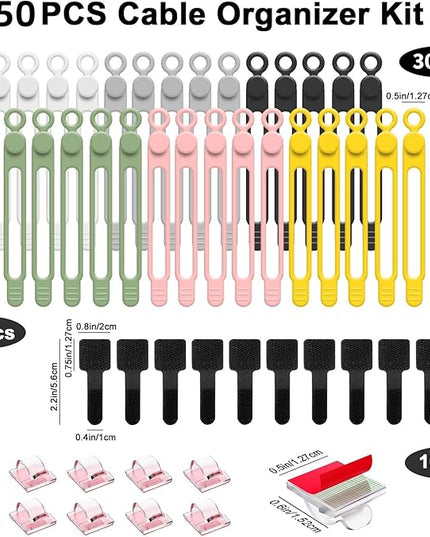 50Pcs Cord Organizer Kit, Reusable Silicone Cable Ties, Strong Adhesive Cable Clips for Cable Management, Multipurpose Wire Management for Bundling and Fastening Various Wires (6 Colors)