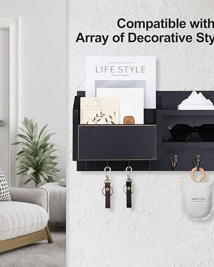 Lwenki Mail and Key Holder – Wall Mount Key Hanger with Shelf and 7 Metal Hooks – Decorative Natural Paulownia Wood Entryway Organizer with Mounting Hardware (16.5”W x 8.7”H x 3.5”D) (Black)
