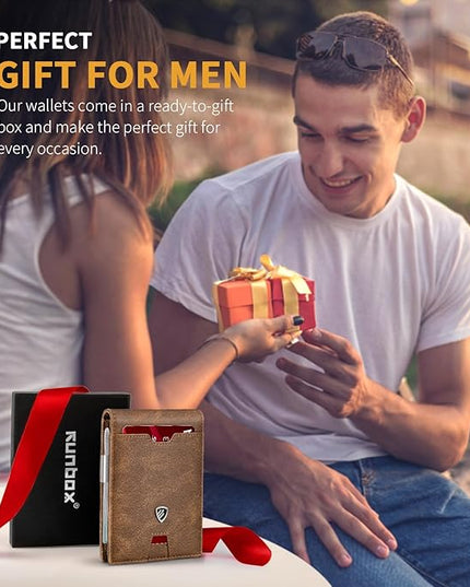 RUNBOX Mens Slim Wallet with Money Clip RFID Blocking Bifold Credit Card Holder for Men with Gift Box