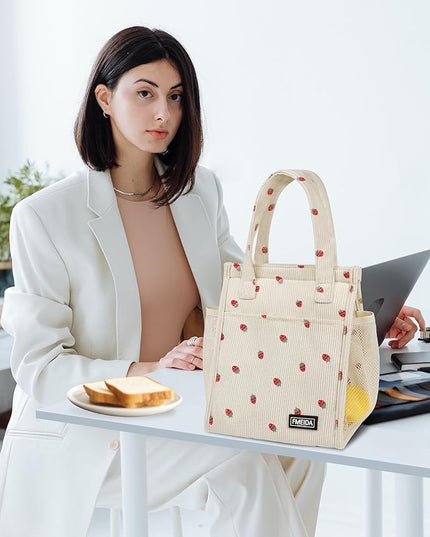 Fmeida Insulated Lunch Bag Women, 6.75L Small Lunch Bags with Multiple Pockets, Reusable Thermal Cooler Tote for Work, Office, Picnic, Travel | Hook and Loop Closure, Strawberry