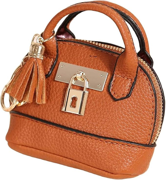 Plinvo Cute Genuine Leather Keychain Coin Purse for Women with Tassels Mini Change Pouch Brown (Brown)
