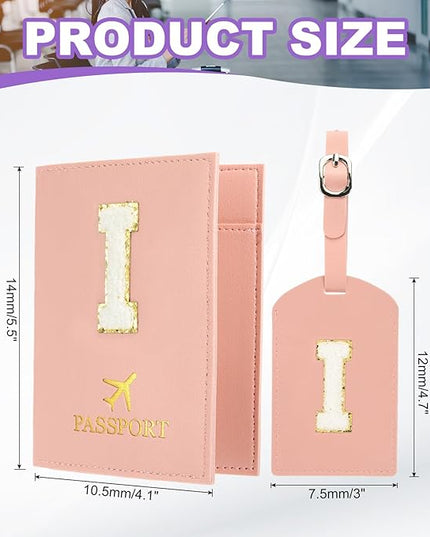 PATIKIL Passport Holder for Travel, Initial Passport Cover and Luggage Tag Set with Alphabet Chenille Letter Patch Travel Wallet Bag Suitcase Identifier for Women Family Travel Pink I