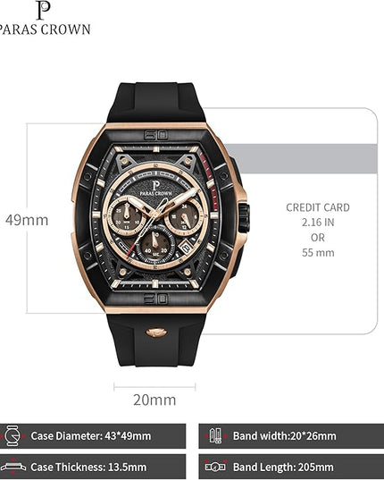Paras Crown Watches for Men Tonneau 5ATM Waterproof Quartz Luxury Chronograph Analog Men's Wrist Watches Stainless Steel Case Mens Watches