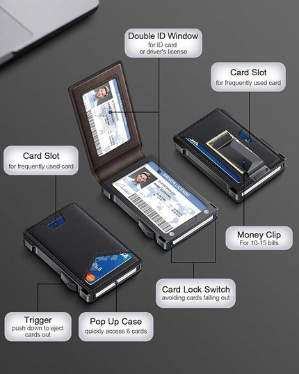 Wallet for Men RFID Wallet with 2 ID Windows & Money Clip, Slim Pop Up Card Holder for 10-12 Cards, Bifold Minimalist Smart Wallet for Front Pocket, Compact Metal Credit Card Holder, Gifts for Men