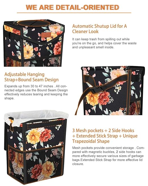 Car Trash Can with Lid, Cute Leakproof Car Trash Garbage Bag Hanging Vehicle Trash Bin Small Portable Automotive Garbage Cans Organizer for Back/Front Seat/Console(Trapezoid,Rose)