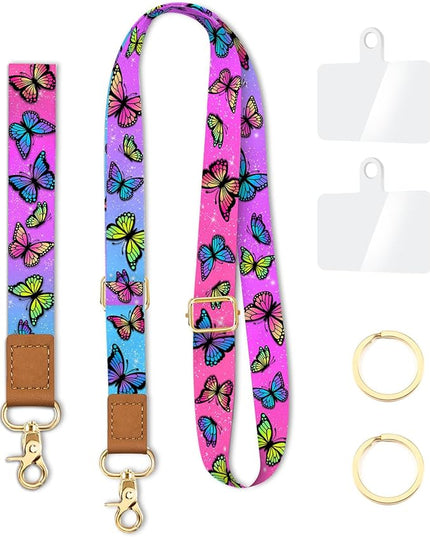 Cell Phone Lanyard Crossbody with Wrist Strap, Cute Butterfly Lanyards for Around The Neck Wristlet Adjustable Phone Strap for Keys Case ID Badges Accessories