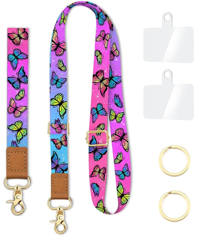 Cell Phone Lanyard Crossbody with Wrist Strap, Cute Butterfly Lanyards for Around The Neck Wristlet Adjustable Phone Strap for Keys Case ID Badges Accessories