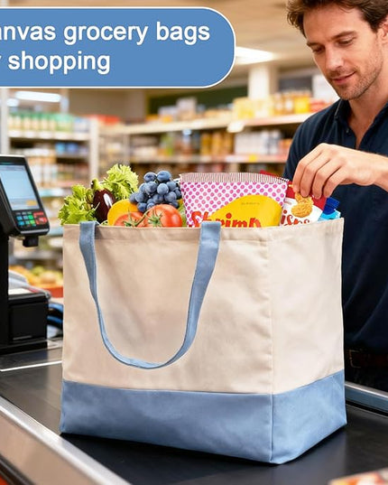 Reusable Grocery Bags Heavy Duty, 8.3 gal Foldable Large Canvas Tote Bag with Handles, Holds 60 lbs Canvas Shopping Bags, 3 Pack（Off White+Light Blue）
