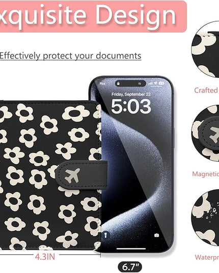 Passport Holder, Travel Wallet Cover with Pen Loop | Cute RFID Blocking Leather Case with Magnetic Closure for Travel Essentials-Flower