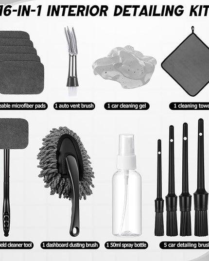 16 Pcs Windshield Cleaner Tool, Car Cleaning Kit with Various Detailing Brushes Set Spray Bottle Cleaner Towel Cleaning Gel Accessories Car Interior Detailing Kit for Windows Vents(Gray)