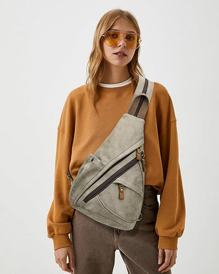 KL928 PU Leather Sling Bag - Small Crossbody Backpack Shoulder Casual Daypack Rucksack for Men Women(Olive Green)
