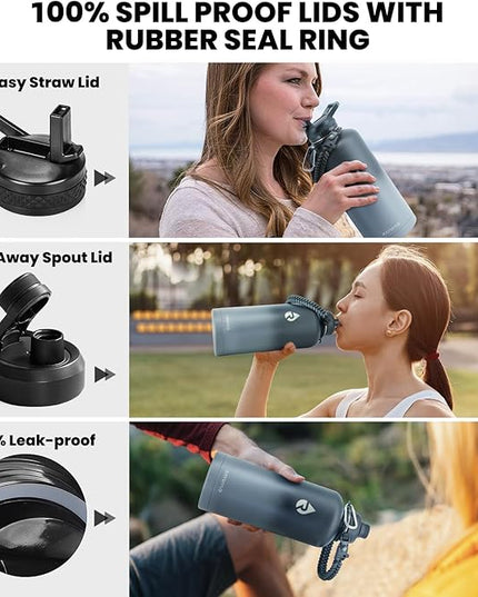 Insulated Water Bottle 87 oz, Triple Wall Vacuum Stainless Steel (Cold for 48 Hrs), Leak Proof & Non-BPA, Modern Water Flask Jug with Paracord Handle & Straw Spout Lids, Dark Grey