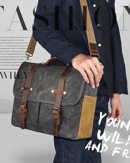 Mens Messenger Bag 15.6 Inch Waterproof Vintage Genuine Leather Waxed Canvas Briefcase Large Satchel Shoulder Bag Rugged Leather Computer Laptop Bag, Grey