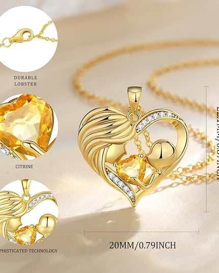 FANCIME Mom Birthstone Necklace Mother and Child Love Heart Necklace I Love You Mom Gifts Mothers Day Birthstone Jewelry Gifts for Grandmother Women Wife, 16"+2" Inches
