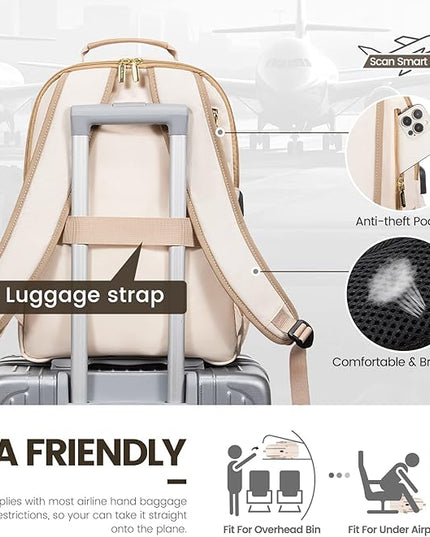 LOVEVOOK Laptop Backpack for Women 15.6 inch,Cute Womens Travel Backpack Purse,Professional Laptop Computer Bag,Waterproof Work Business College Teacher Bags Carry on Backpack with USB Port,Off-white