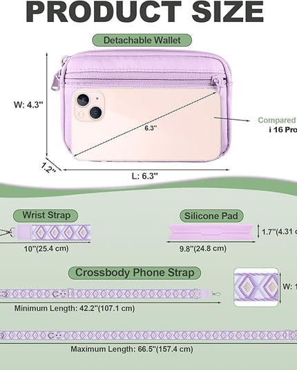 Clip and Go Strap for Phone with Wallet Crossbody, Adjustable Phone Lanyard with Detachable RFID Wristlet Wallet, Pattern Strap, Light Purple(M)