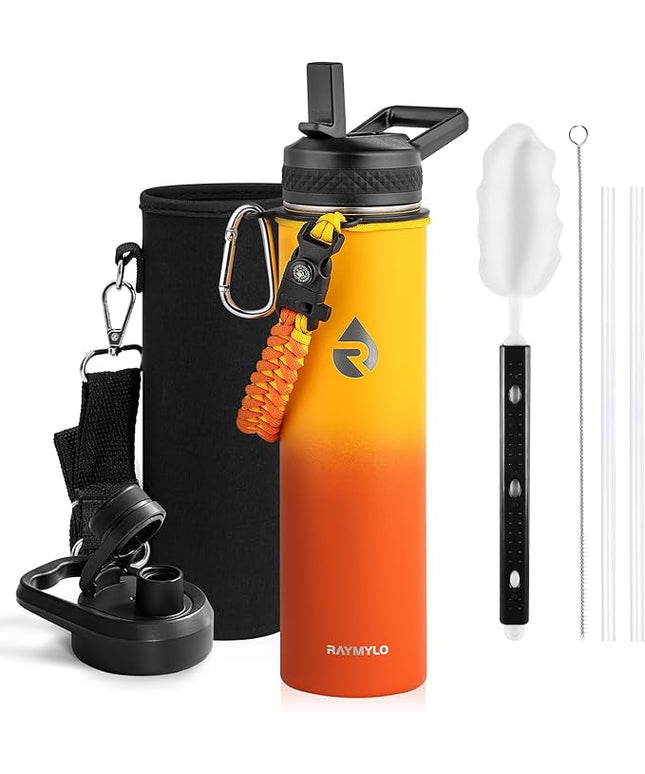 Insulated Water Bottle 24oz, Triple Wall Vacuum Stainless Steel (Cold for 48 Hrs, Hot for 24Hrs), Leak Proof & Non-BPA, 24oz Hydro Water Flask with Paracord Handle & Straw Spout Lids
