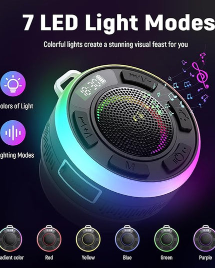 IPX7 Waterproof Shower Bluetooth Speaker, Portable Small Speaker with Suction Cup and Time Display, Loud Crystal Sound & Bass 10H Playtime 1100mAh, Wireless Shower Speakers for Pool, Beach Gift Black