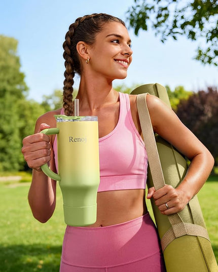 Renoj Tumbler with Handle 100% Leak Proof Insulated Water Bottle for Iced Coffee & Hot Drinks - Fits Car Cup Holder, Ideal Gift, 2 Straws & Silicone Boot BPA-Free - SnapShift Green Gradient 32 oz