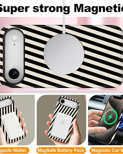 Magnetic for iPhone 17 Air Case Cute Diagonal Stripes Phone Case, Shockproof Slim TPU and Hard PC Protective Phone Cover Compatible with MagSafe Designed for Women Girls,Black and White