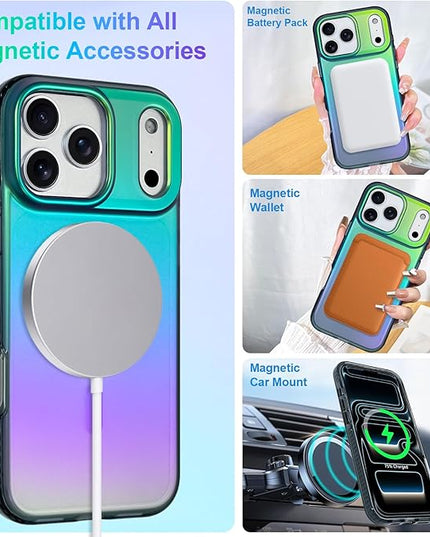 Aesthetic Case for iPhone 17 Pro Case for Women Girls [Compatible with Magsafe] Cute Girly Trendy Glitter Sparkly Rainbow Magnetic Protective Phone Cover, Matte Iridescent Blue & Green
