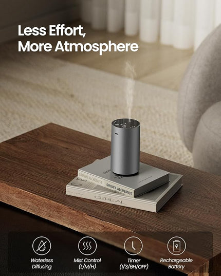 Waterless Essential Oil Diffuser, Rechargeable Scent Diffusers with 3 Mist Levels & Timers, Portable Aromatherapy Diffuser for Home Car Room Studio Office, Iron Grey Metal