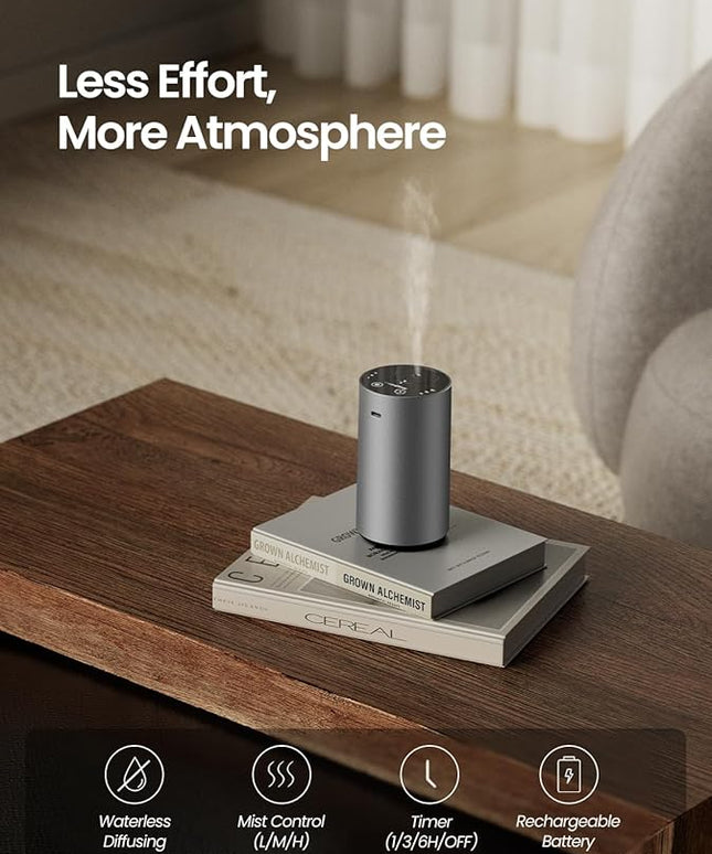 Waterless Essential Oil Diffuser, Rechargeable Scent Diffusers with 3 Mist Levels & Timers, Portable Aromatherapy Diffuser for Home Car Room Studio Office, Iron Grey Metal