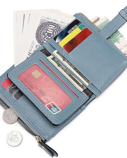 AOXONEL Women's Wallets Leather Wallets for Women Rfid Small Ladies Wallet Billfolds for Women,Trifold Mini Wallets for Women with Double Zipper Coin Pocket (Blue)