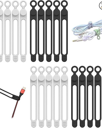 20pcs Silicone Cable Ties,Reusable Cable Management Organizer, Wire Ties，Travel Cord Ties，Cord Organizer for Bundling Cable Cords in Home,Office,Kitchen,School(White Black)