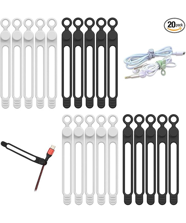 20pcs Silicone Cable Ties,Reusable Cable Management Organizer, Wire Ties，Travel Cord Ties，Cord Organizer for Bundling Cable Cords in Home,Office,Kitchen,School(White Black)