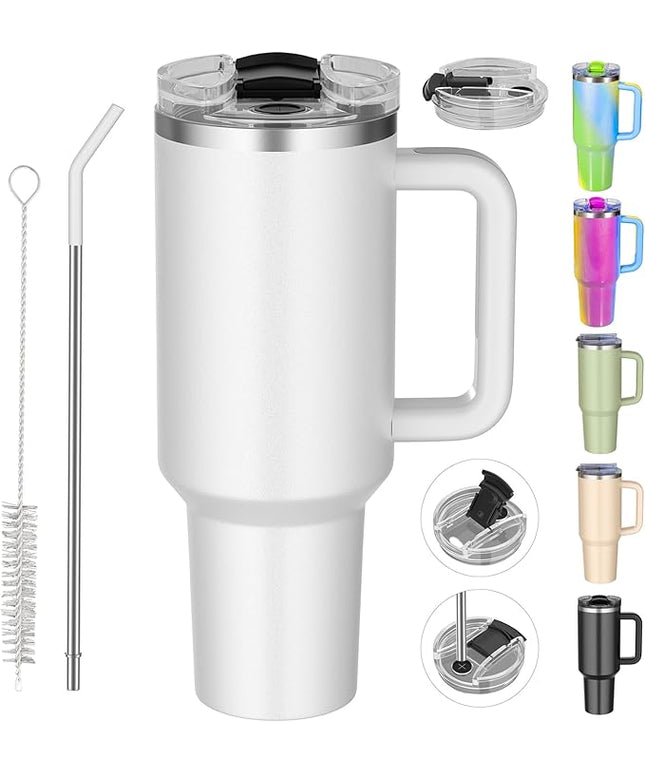 40 oz tumbler with handle and straw,Double Wall Vacuum Reusable Stainless Steel Insulated Water Bottle,With Leak Proof lid and Straw for Iced or Cold Beverages (White)