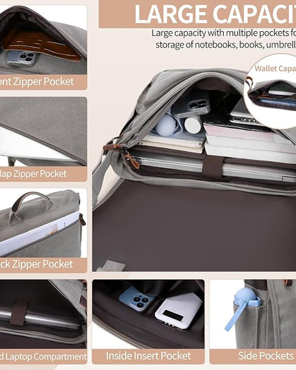 Nerlion Messenger Bag for Men 17-17.3 Inch Laptop Bag Canvas Water-resistant Computer Bag Shoulder Bag Work Briefcase Bookbag for College (Light Gray)