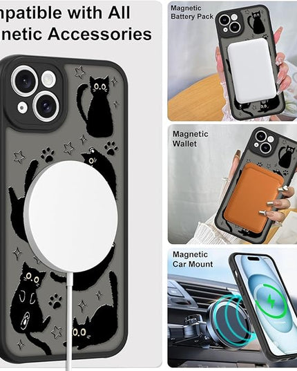 Cute Magnetic Case for iPhone 15 Plus Case [ Compatible with MagSafe ] with Black Cat Cats Pattern Design for Women Girls Boys, Soft Bumper Hard Back Kawaii Animal Protective Phone Cover