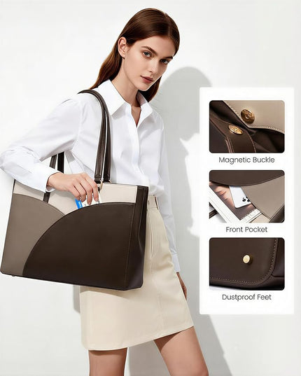 LOVEVOOK Laptop Bag for Women,15.6 Inch Work Teacher Bags Leather Tote Bag for Women Briefcase for Women Waterproof Computer Bag for Women，White Chestnut Curry