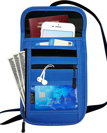 RFID Blocking Travel Neck Wallet Pouch and Passport Holder, Travel Neck Pouch Passport Holder for Women & Men - Blue