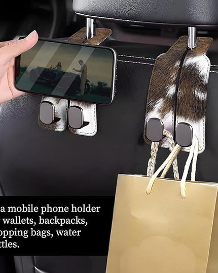 Car Seat Headrest Hook, Universal Leather Cute Hanger Holder Hook, Storage Organizer Interior Accessories for Purse Bags Handbag Brown White Cowhide
