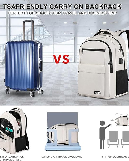 School Backpack for Teen Girls, Laptop Backpack 15.6 Inch with USB Charging Port, Sturdy Beige College Bookbag