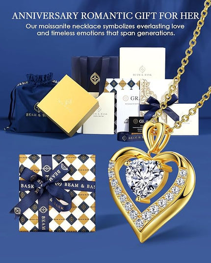 Beam & Bask 2-3 Ct Moissanite Double Heart Pendant Necklaces for Wife, 18K Gold Plated S925 Silver Jewelry for Women Girlfriend Mom Her on Anniversary Birthday