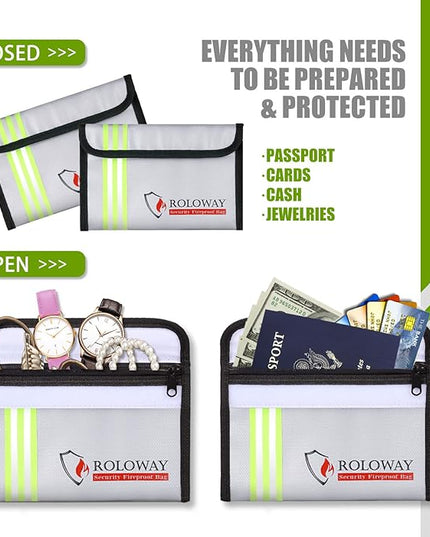 ROLOWAY Small Fireproof Bag (5 x 8 inches) with Reflective Strip, Non-itchy Fireproof Money Bag for Cash, Valuables, Passport, Currency & Keys (2-Pack Silver)