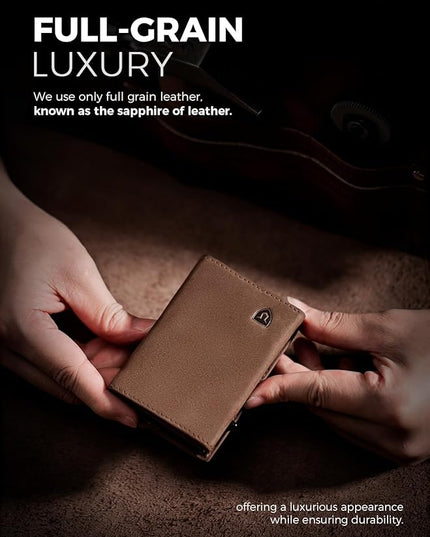 LORZOR Wallet for Men with Metal Card Holder, Pop Up Wallet, Finest Full Grain Leather Trifold Wallet, Smart, Minimalist, RFID Blocking, Front Pocket, ID Window