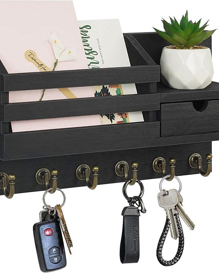 FifthQuarter Key and Mail Holder for Wall, Mail Organizer Wall Mount with 6 Hooks and Storage Drawer, Easy Installation Key Rack for Entryway and Home Decor (A-Black)