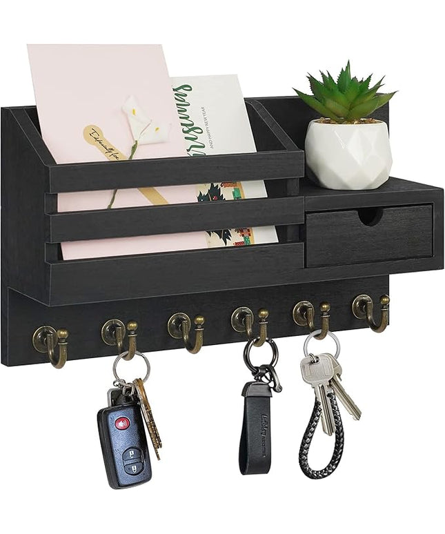 FifthQuarter Key and Mail Holder for Wall, Mail Organizer Wall Mount with 6 Hooks and Storage Drawer, Easy Installation Key Rack for Entryway and Home Decor (A-Black)