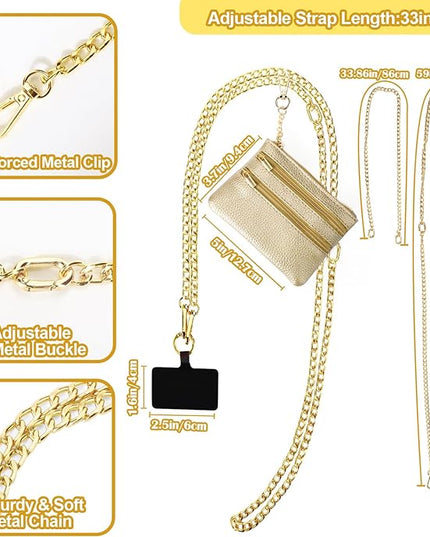XANGNIER Clip and Go Strap for Phone with Wallet Crossbody, Phone Strap with Zippered Wallet, Adjustable Anti Theft Cellphone Lanyard for Women, Cellphone Chain Accessories,Chain Gold